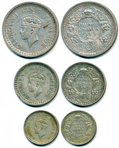 George VI, Half Silver Rupee, 1/2, 1/4, 1945. Very Fine. (3)