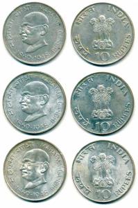 Silver Rupees 10 (3), 1969, Gandhiji Birth Centennial. Extremely Fine. (3)