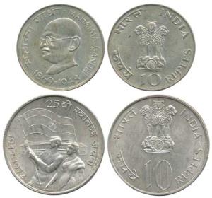 Silver Rupees 10, 1969, Gandhiji Birth Centennial; Rupees 10, 1972, 25th Anniversary India