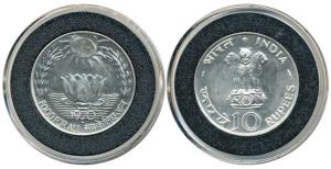 Silver Rupees 10, 1970, Bombay Mint, Food for All. Brilliant Uncirculated.