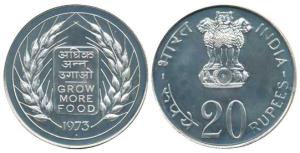 Silver Rupees 20, 1973, Grow More Food (KM 629). Uncirculated, in original plastic case of