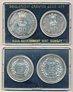 1973 Uncirculated set, Grow More Food, set of 2, Rupees 10 and 20. In plastic casing but w