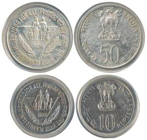 1974 Uncirculated set, Planned families Food for all, set of 2, Rupees 10 and 50. Within o