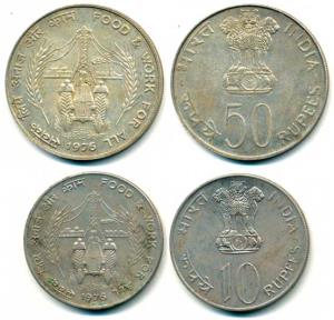 Copper-Nickel Rupees 10 and Half Silver Rupees 50, 1976, Food and Work for all. Uncirculat