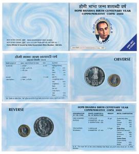 2009 Uncirculated set, Homi Bhabha Birth Centenary, set of Rupees 10 (bi-metal) and 100. I