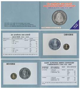 2009 Uncirculated set, Saint Alphonsa Birth Centenary, set of 2, Rupees 5 and 100. In imma