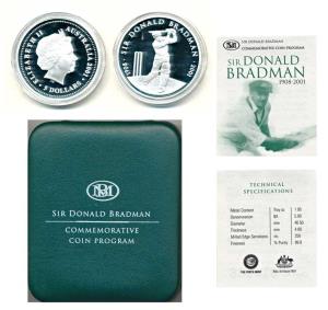 Australia, Sir Donald Bradman (1908-2001), Silver $5, 36.3g, 2001 (KM 761). Proof, in orig