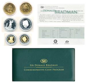 Australia, Sir Donald Bradman, set of 3 Proof, Silver $5, 31.1g; Bi-metal Gold and Silver 