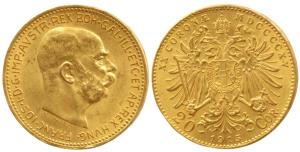 Austria, Gold 20 Corona, 6.77g, 1915, bust of Franz Joseph I, (KM 2818). Restrike, Uncircu