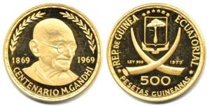 Equatorial Guinea, Mahatma Gandhi Birth Centenary, Gold 500 Pesetas, 7g, 1970, portrait of