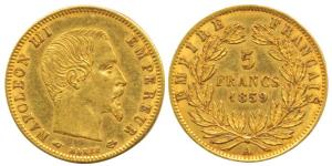 France, Napoleon III, Gold 5 Francs, 1.6g, 1859 (KM 787.2). About Extremely Fine, Scarce.