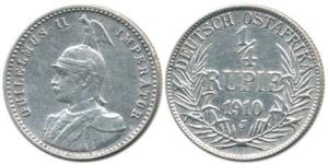 German East Africa, Wihelm II, Silver ¼ Rupee (Rupie), 1910 J. Very Fine, Scarce.