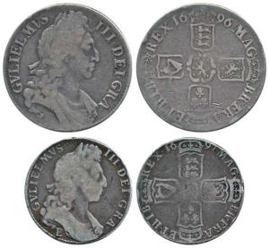 Great Britain, William III, Silver Crown and ½ Crown, the second with E below bust for Exe