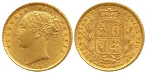 Great Britain, Victoria, Gold Sovereign, 8g, shield on rev., 1886, Extremely Fine, Rare.