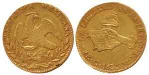 Mexico, Gold 8 Escudos, 26.82g, 1833 Go MJ for Guanajuato Mint, a hand inscribing law book