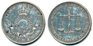 Mombasa, Silver Rupee, 11.64g, 1888 H. Very Fine+, Scarce.
