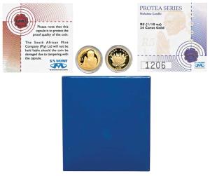 South Africa, Mahatma Gandhi, Gold 5 Rand, 3.11g, 2008, Gandhiji with folded hands on rev.