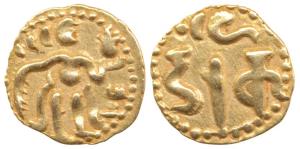 Sri Lanka, Gold 1/8 Pagoda (Fanam), 0.5g, obv. king standing, rev. Nagari legend Darak (De