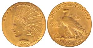 United States of America, Gold $10, 16.62g, 1908, Indian Head on obv., (KM 130). Slabbed a