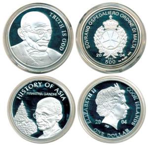Mahatma Gandhi, Proof Silver (2), Cook Island, Silver Dollar; Malta 5 Liri. Proof, Scarce.