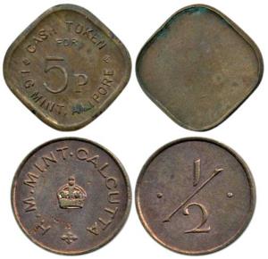 Copper Token, ½ Pice, H M Mint, Calcutta; 5 Paisa, I G Mint, Alipore, Uniface. Extremely F