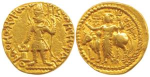 Kushanas, Vasudeva I (c. AD 192-225), Gold Dinar, 7.79g, obv. a complete figure of the kin