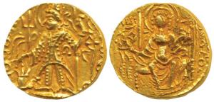 Kushanas, Vasudeva II (c. AD 250-260), Gold Dinar, 7.9g, obv. king nimbate, facing left, h