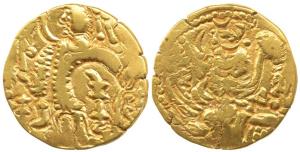 Kidara Kushanas, Base Gold, 7.95g, king standing to left on obv.; crude execution of Laksh
