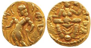 Guptas, Chandragupta II, Gold Dinar, 7.71g, Archer type, inverted bow, obv. king nimbate h