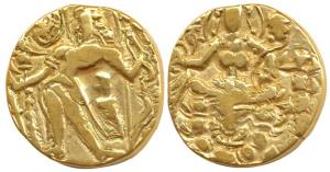Guptas, Chandragupta III, Gold Heavy Dinar, 8.3g, Archer type, king standing to left, hold
