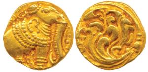 Western Gangas, Gold Gajapati Pagoda, 3.74g, obv. caparisoned elephant to right chewing su