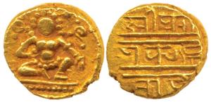 Vijayanagar Empire, Krishna Deva Raya, Gold ½ Pagoda, 1.69g, Balakrishna seated flanked by