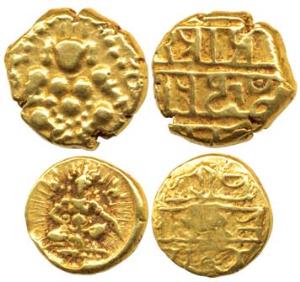 Nayakas of Chitradurga, Gold Durgi Hons, in the name of Krishna Deva Raya, obv. seated Bal