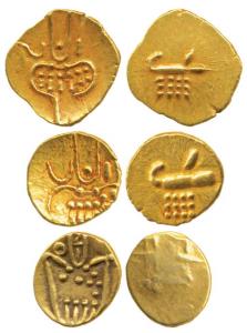 Veera Raya, Coorg Gold Fanam (3), obv. stylized lion standing right with crescent above; r