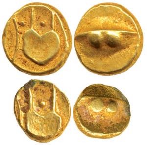 Anonymous, Gold Pagoda and ½ Pagoda, 3.37g and 1.68g, obv. a boat like uncertain symbol; r