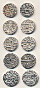 Jahangir, Silver Rupee (5), Ahmednagar, Akbarnagar, Burhanpur, Delhi and Qandhar Mint. Ver