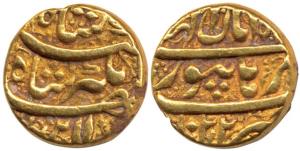 Jahangir, Gold Mohur, 10.76g, Burhanpur Mint, Nur-ud-din type, AH 1022, Month Aban. (KM 17