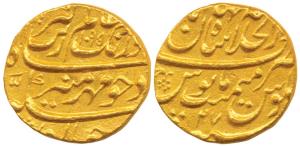 Aurangzeb, Gold Mohur, 10.88g, Dar ul-Khilafat Shahjahanabad Mint, AH 1095/27 (KM 315.42).