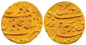 Farrukhsiyar, Gold Mohur, 10.91g, Khujista Bunyad Mint, AH 1129/6, mint name at bottom on 