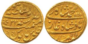 Muhammad Shah, Gold Mohur, 10.86g, Lahore Mint, complete mint at bottom, AH 1152/22 comple