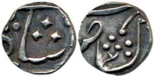 Jafarabad urf Chandor, Silver ¼ Rupee, 2.76g, in the name of Shah Alam II, usual floral sp