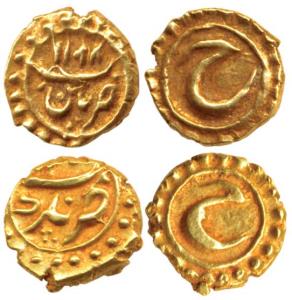 Tipu Sultan, Gold Fanam (2), Nagar and Patan Mints, the second with Error date AM 1127 rat