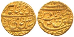 Najibabad Mint, Gold Mohur, in the name of Shah Alam II, RY 4, mint name at top on rev. Ve