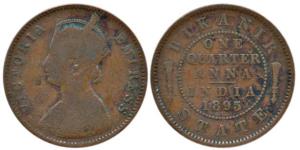 Ganga Singh (1887-1942 AD), Copper ¼ Anna, 1895, with the name and portrait of Queen Victo