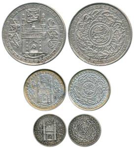 Mir Mehbub Ali Khan II, set of 3, Silver Rupee, ¼ and 1/8 Rupee, Mim in doorway of Charmin