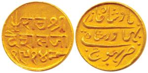 Deshalji II (1819-1860 AD), Gold 25 Kori, 4.68g, Bhujnagar Mint, VS 1914, AD 1856 (KM C 67