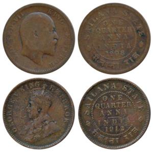 Copper ¼ Anna (2), Edward VII, 1908 and George V, 1912, Calcutta Mint. Fine+, Scarce.
