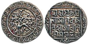 Yaso Manikya (c. 1600-1626 AD), Silver Rupee, 10.69g, obv. Krishna with two Gopis, rev. le