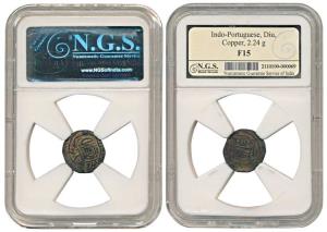 Diu, Copper ¼ Atia, 2.24g, Crowned arms on obv., shield on rev. Fine+, Very Rare.