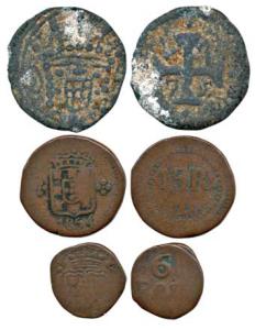 Goa, Lead 5 Bazarucos, 1775, Copper 6 Reis and 15 Reis, 1854. Fine. (3)